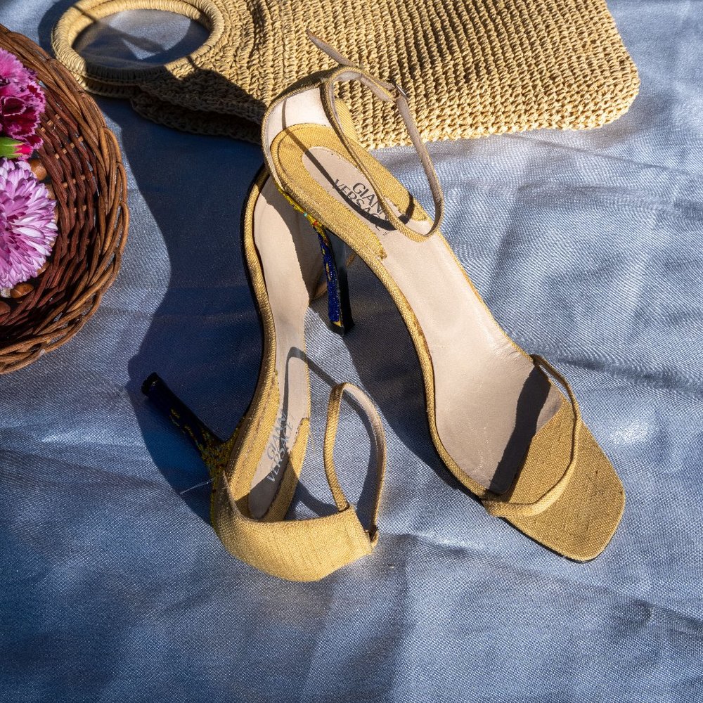 Versace butter yellow beaded heels.